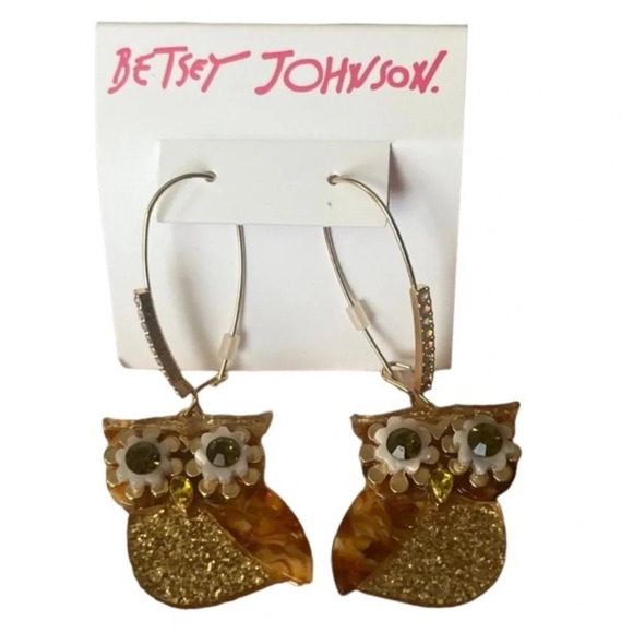BETSEY JOHNSON Gold-Tone Aurora Borealis Crystals Green-Eyed Owl Earrings NWT - Picture 2 of 4